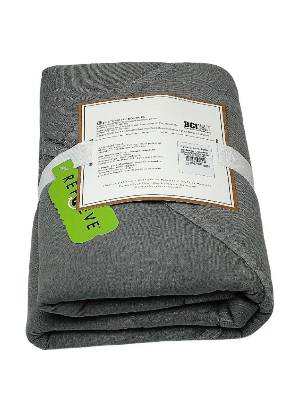 Pottery Barn Teen Pillow Sham Quilted Standard Size Washed Rapids Gray  NWT